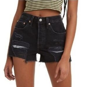 Levi's 501 High Waisted Destructed Shorts, Black Wash